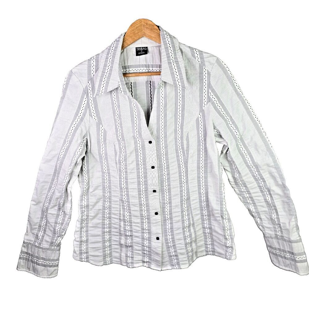 Tribal Blouse Shirt Women 12 White Black Stripe Button Up Stretchy Crinkle Pleat